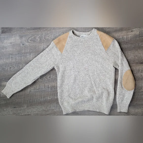 Vintg Early 80s Sweater Mens L Oatmeal Tan w/ Leather Patches Wool Blend US Made - Picture 5 of 11